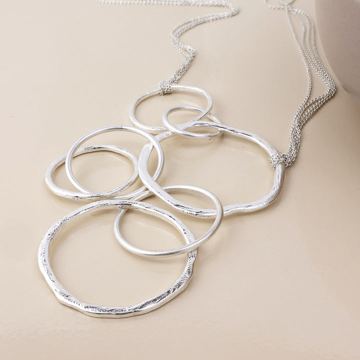 POM Luna Silver Plated Worn Linked Rings Statement Long Necklace - Sugarplum Boutique