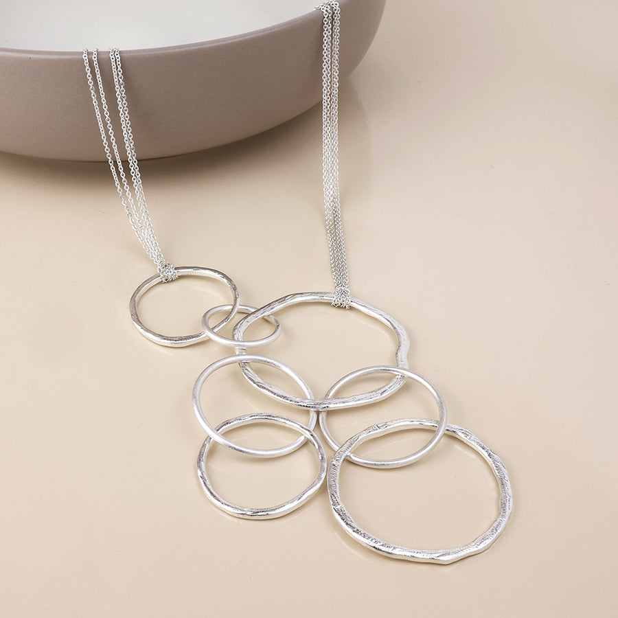 POM Luna Silver Plated Worn Linked Rings Statement Long Necklace - Sugarplum Boutique