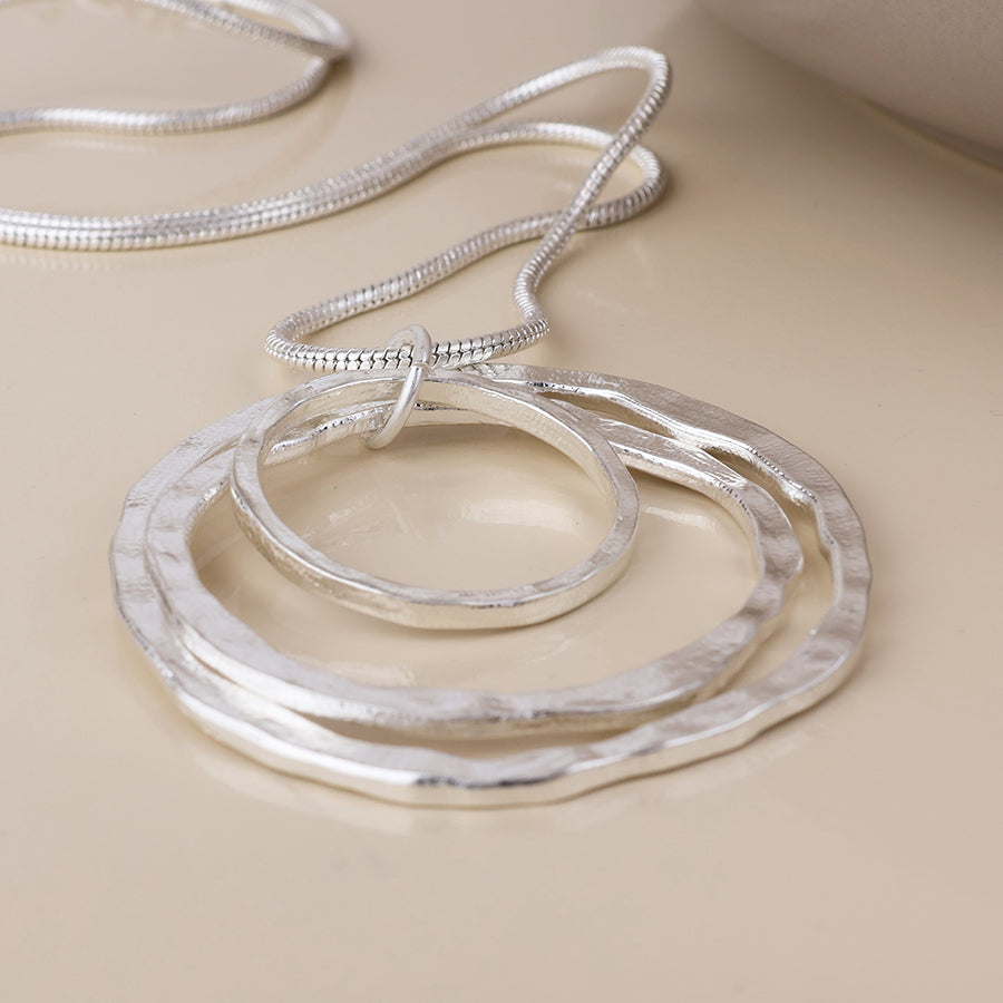 POM Luna Silver Plated Worn Triple Beaten Ring Long Necklace - Sugarplum Boutique