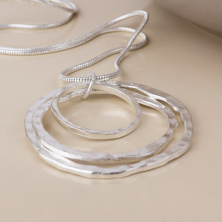 POM Luna Silver Plated Worn Triple Beaten Ring Long Necklace - Sugarplum Boutique
