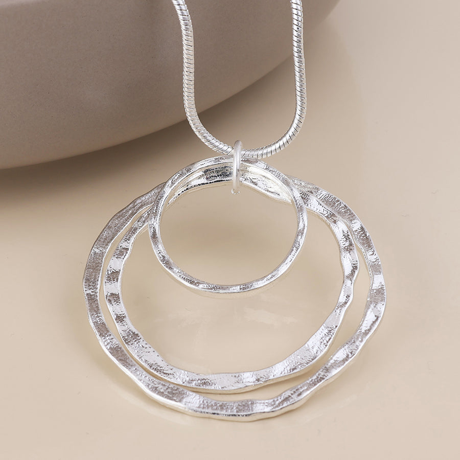 POM Luna Silver Plated Worn Triple Beaten Ring Long Necklace - Sugarplum Boutique
