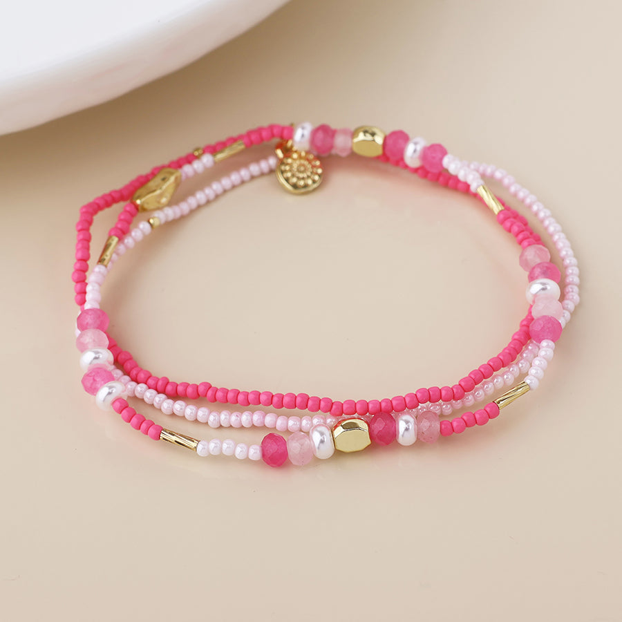 POM Pink Mix Fine Beaded Stretch Triple Bracelet - Sugarplum Boutique