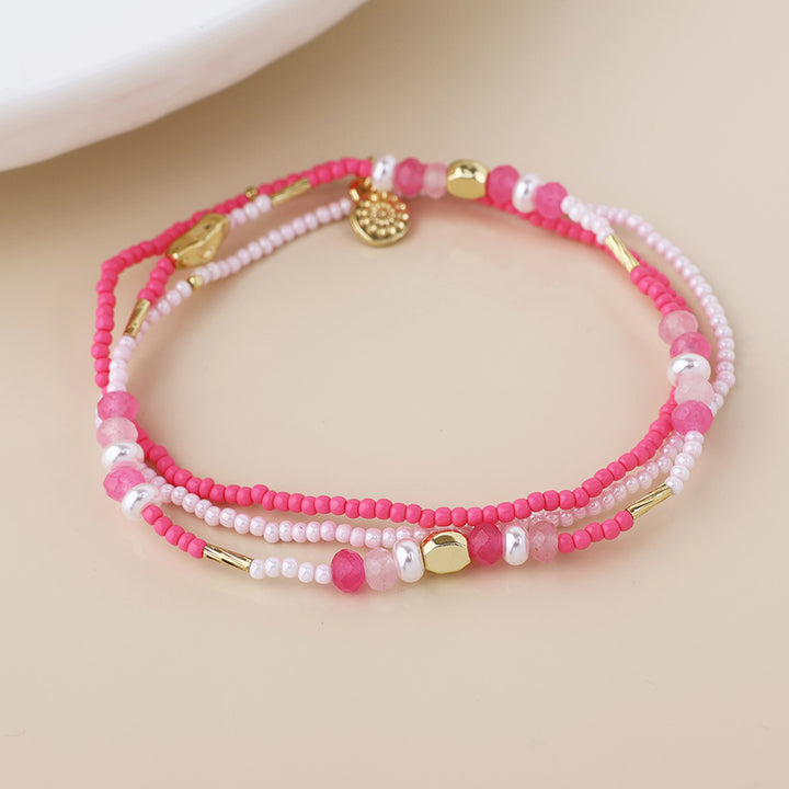 POM Pink Mix Fine Beaded Stretch Triple Bracelet - Sugarplum Boutique