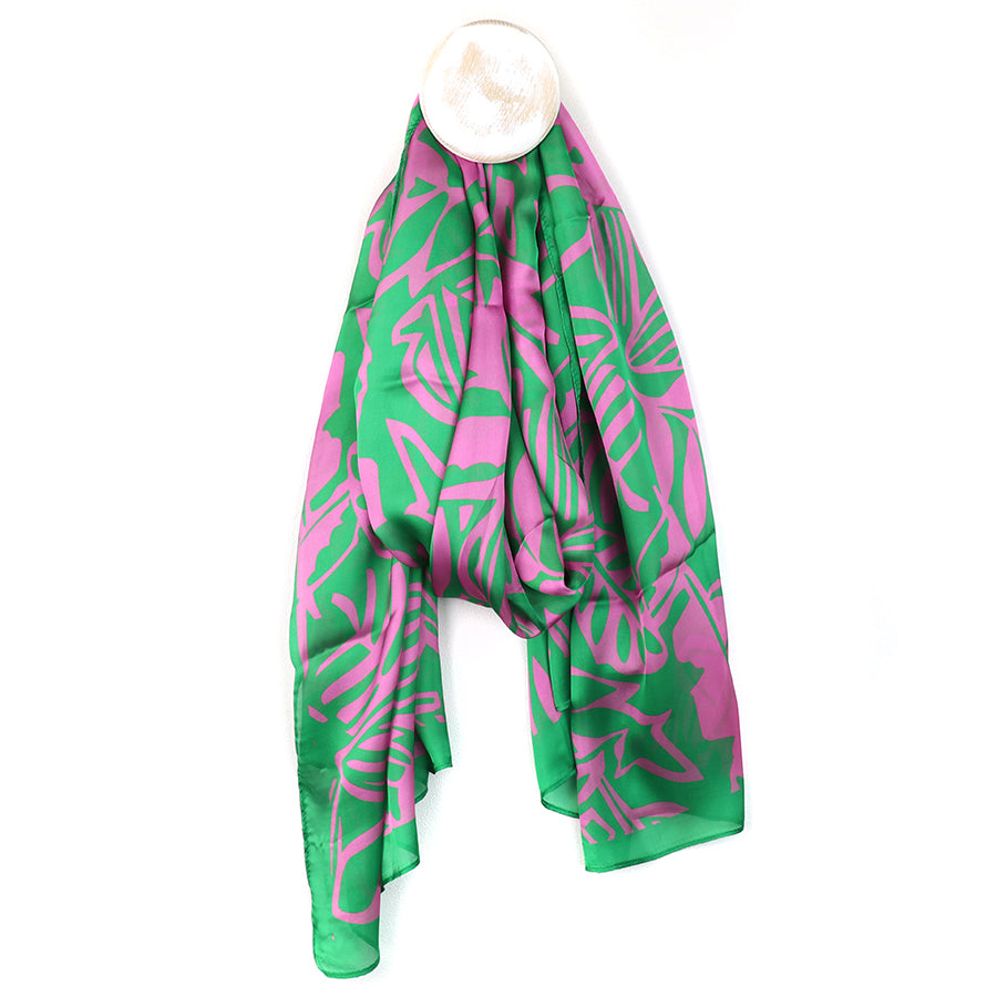 POM Recycled Green Pink Silky Tropical Leaf Print Scarf - Sugarplum Boutique