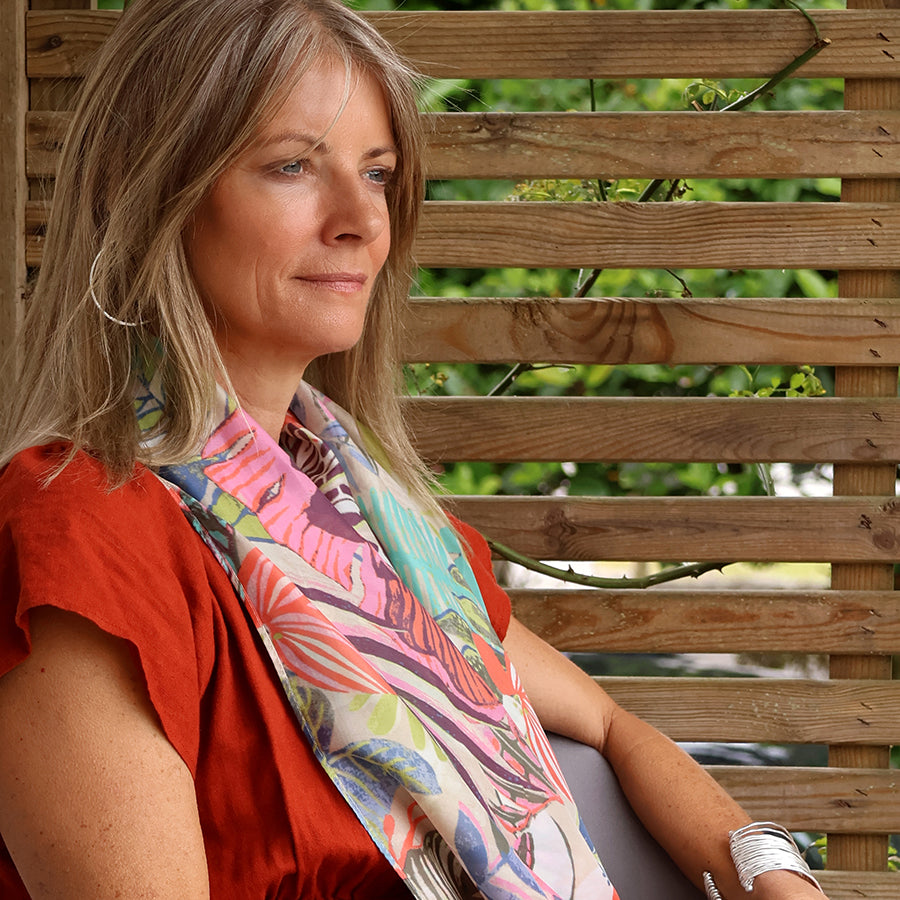 POM Recycled Silky Bright Tropical Leaf Print Scarf - Sugarplum Boutique