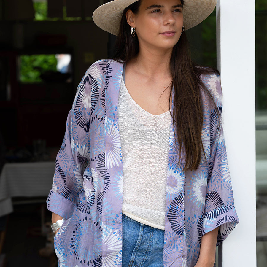 POM Short Lilac Mix Sunburst Print Kimono - Sugarplum Boutique