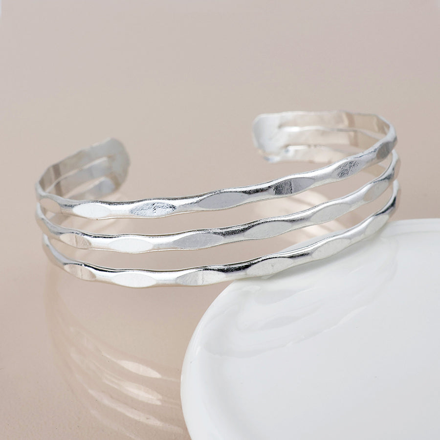 POM Silver Plated Worn Hammered Triple Layer Bangle - Sugarplum Boutique