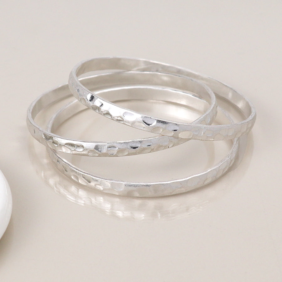 POM Silver Plated Worn Triple Bangle Set - Sugarplum Boutique