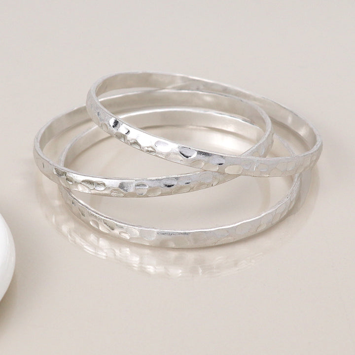 POM Silver Plated Worn Triple Bangle Set - Sugarplum Boutique