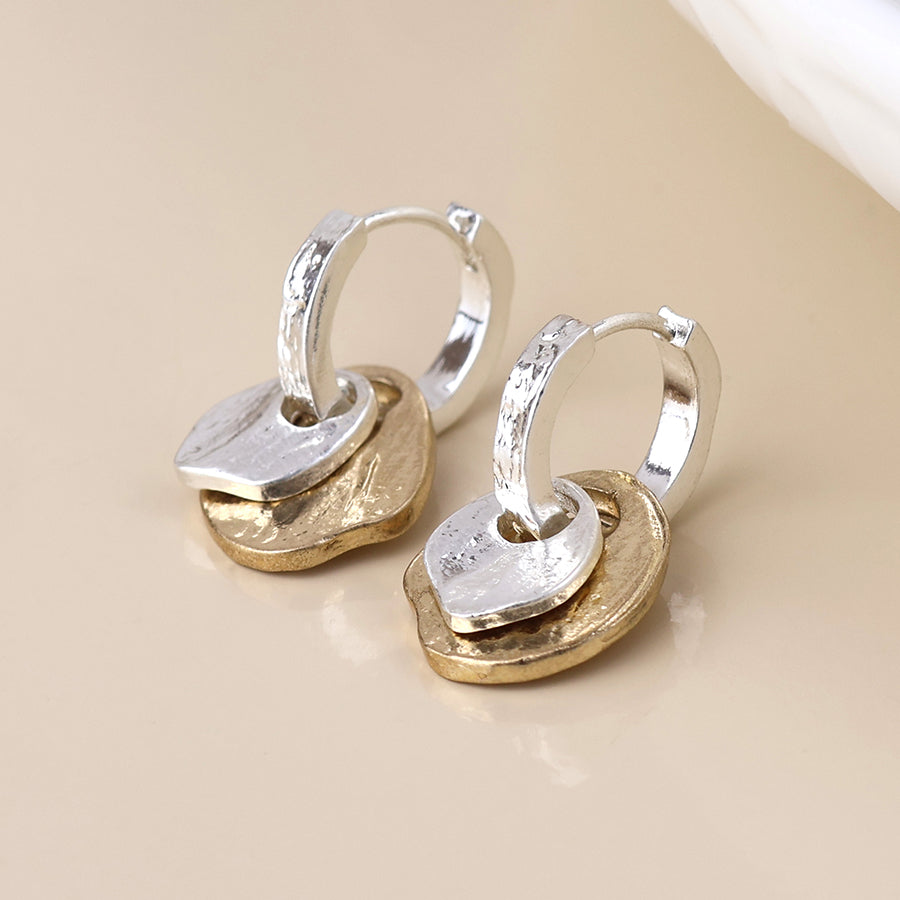 POM Solstice Silver Plated Worn Huggie Mixed Metal Disc Earrings - Sugarplum Boutique