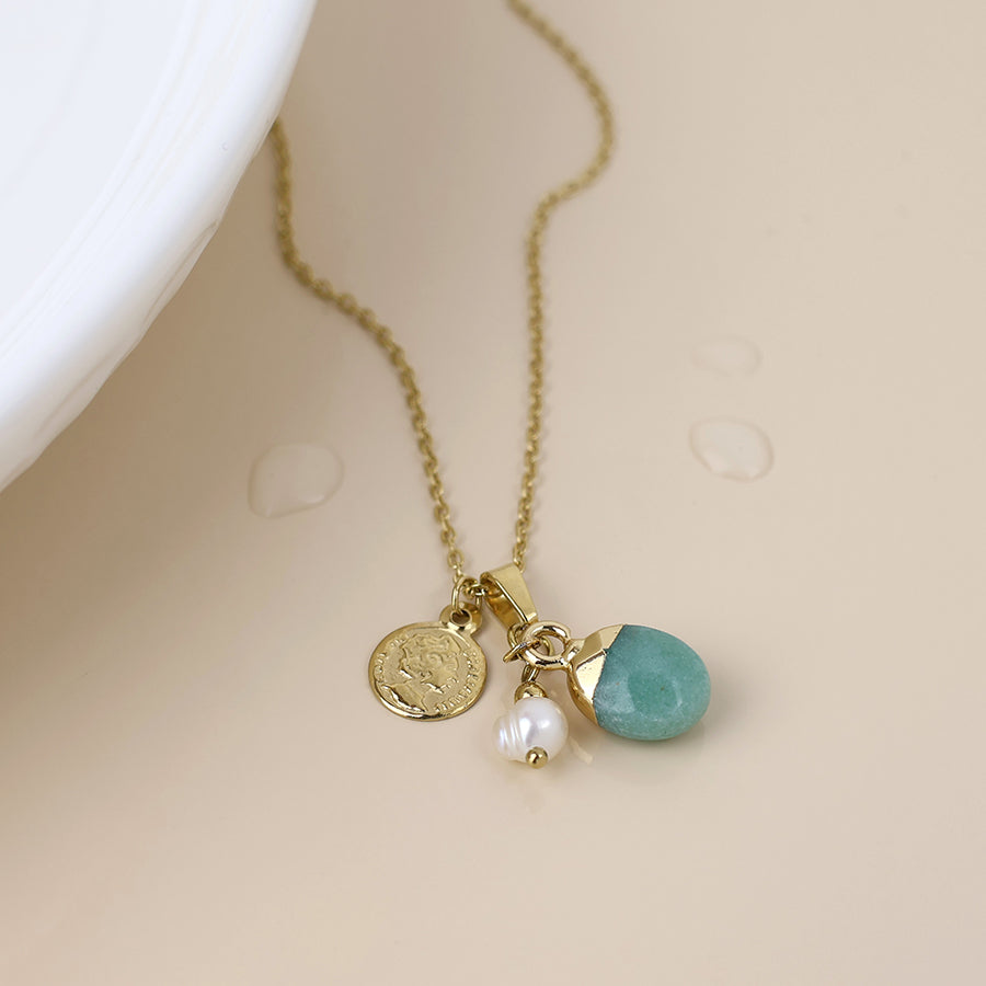 POM-Waterproof Gold Plated Aqua Charm Short Necklace - Sugarplum Boutique