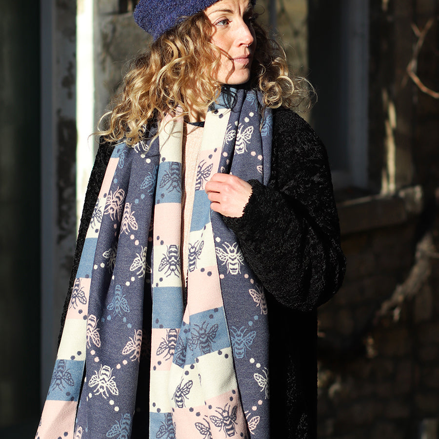 POM Winter Jacquard Bee Scarf Blue - Sugarplum Boutique