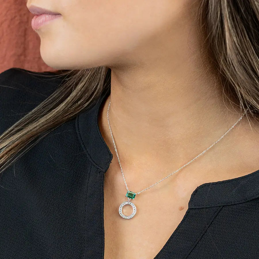 POM Rectangular Crystal Circle Short Necklace Silver Plated Green Sugarplum Boutique Home
