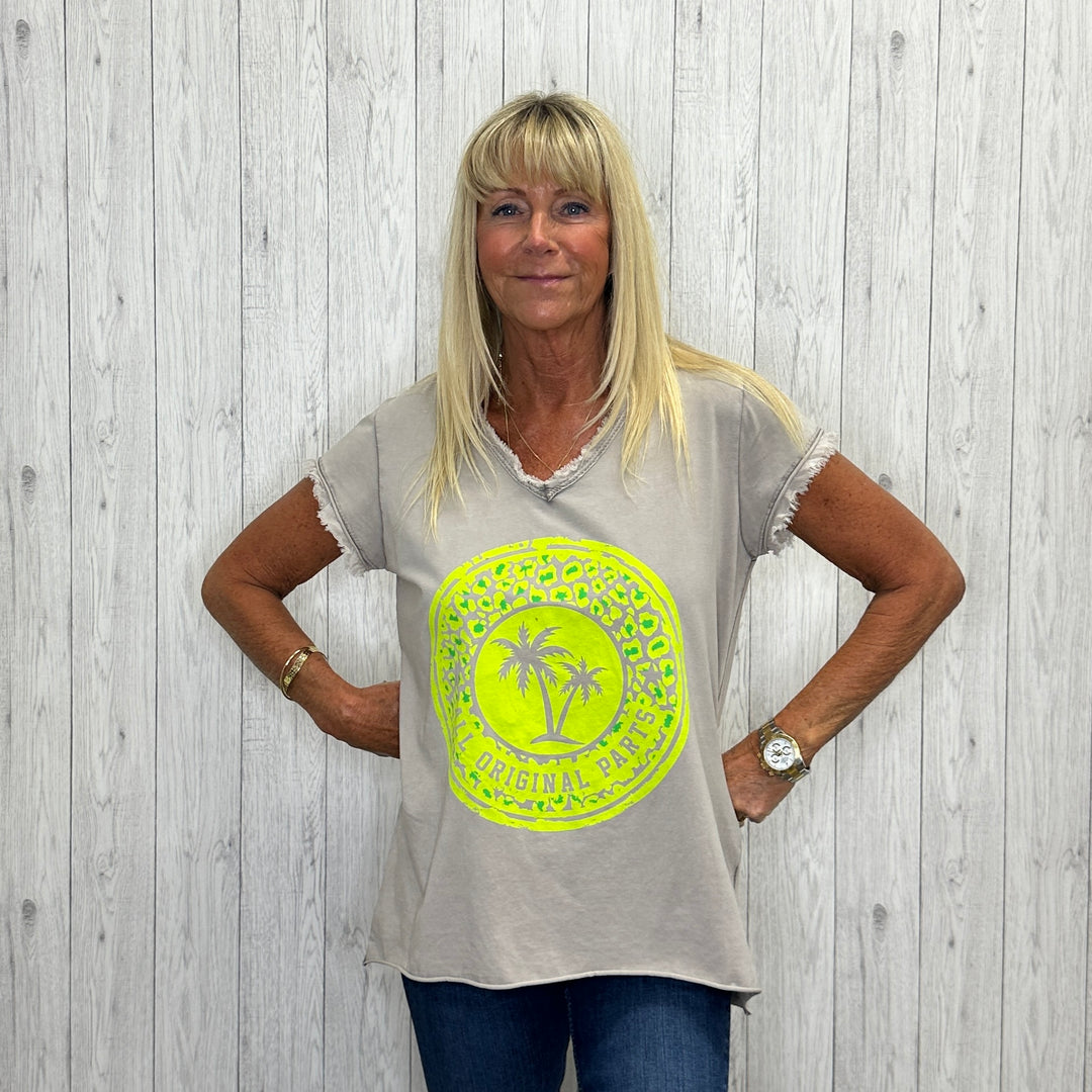 Palm Tree Motif Cotton T-Shirt Mocha Brown - Sugarplum Boutique