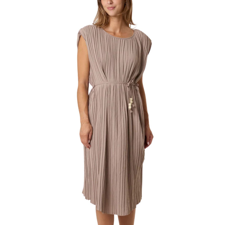 Paloma Pleated Shoulder Pad Midi Dress Mocha Brown - Sugarplum Boutique