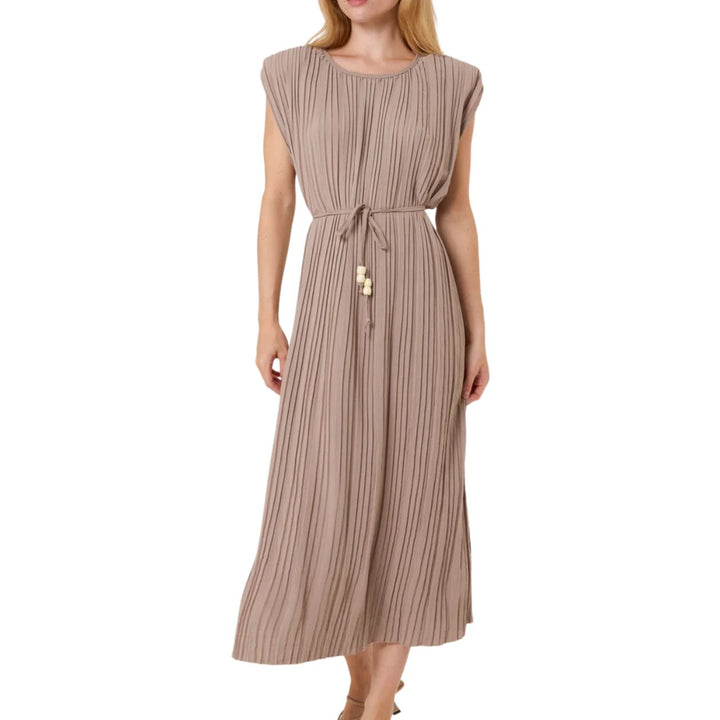 Paloma Pleated Shoulder Pad Midi Dress Stone - Sugarplum Boutique