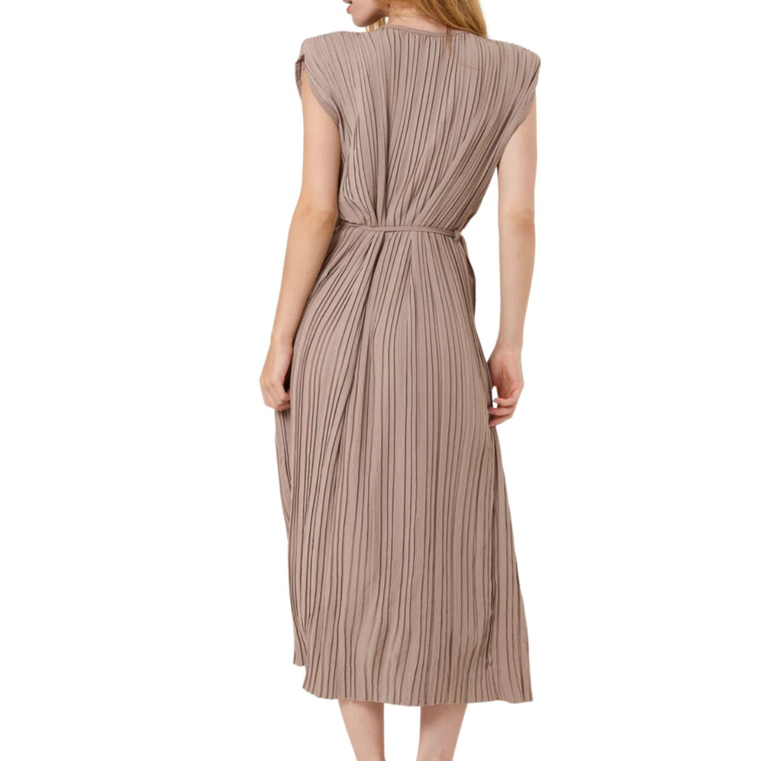 Paloma Pleated Shoulder Pad Midi Dress Stone - Sugarplum Boutique