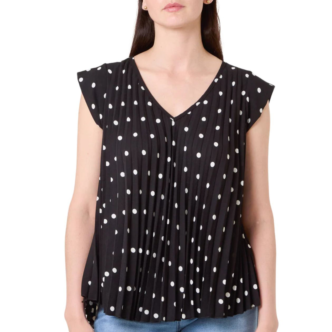 Paris Polka Dot Pleated Black Cap Sleeve Top - Sugarplum Boutique