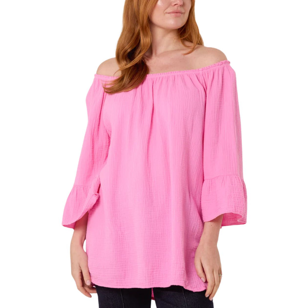 Parker Bubblegum Pink Cotton Cheesecloth Bardot Bell Sleeve Top - Sugarplum Boutique