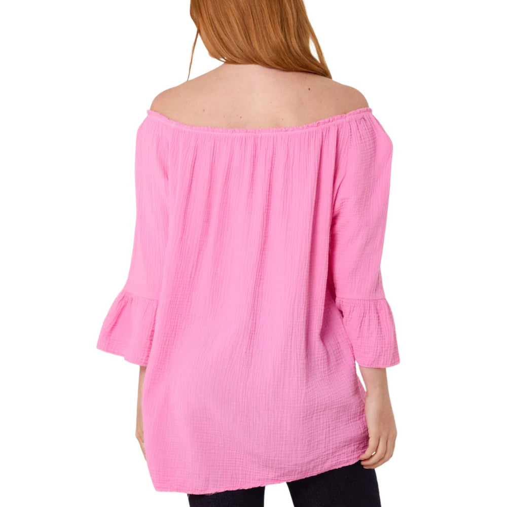 Parker Bubblegum Pink Cotton Cheesecloth Bardot Bell Sleeve Top - Sugarplum Boutique