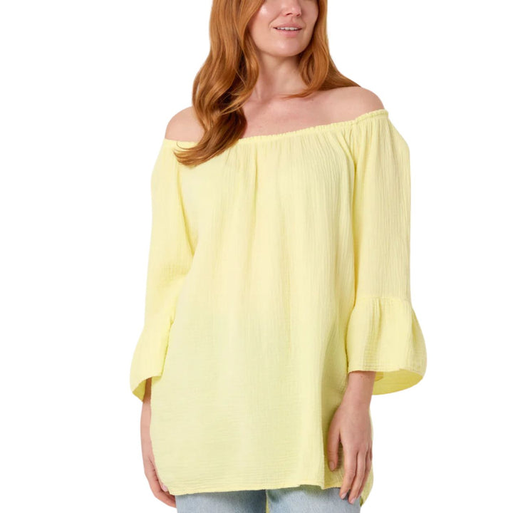Parker Lemon Yellow Cotton Cheesecloth Bardot Bell Sleeve Top - Sugarplum Boutique