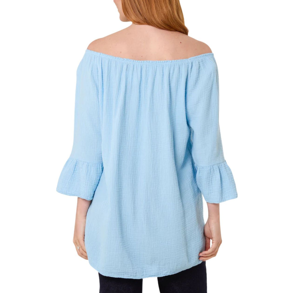 Parker Light Blue Cotton Cheesecloth Bardot Bell Sleeve Top - Sugarplum Boutique