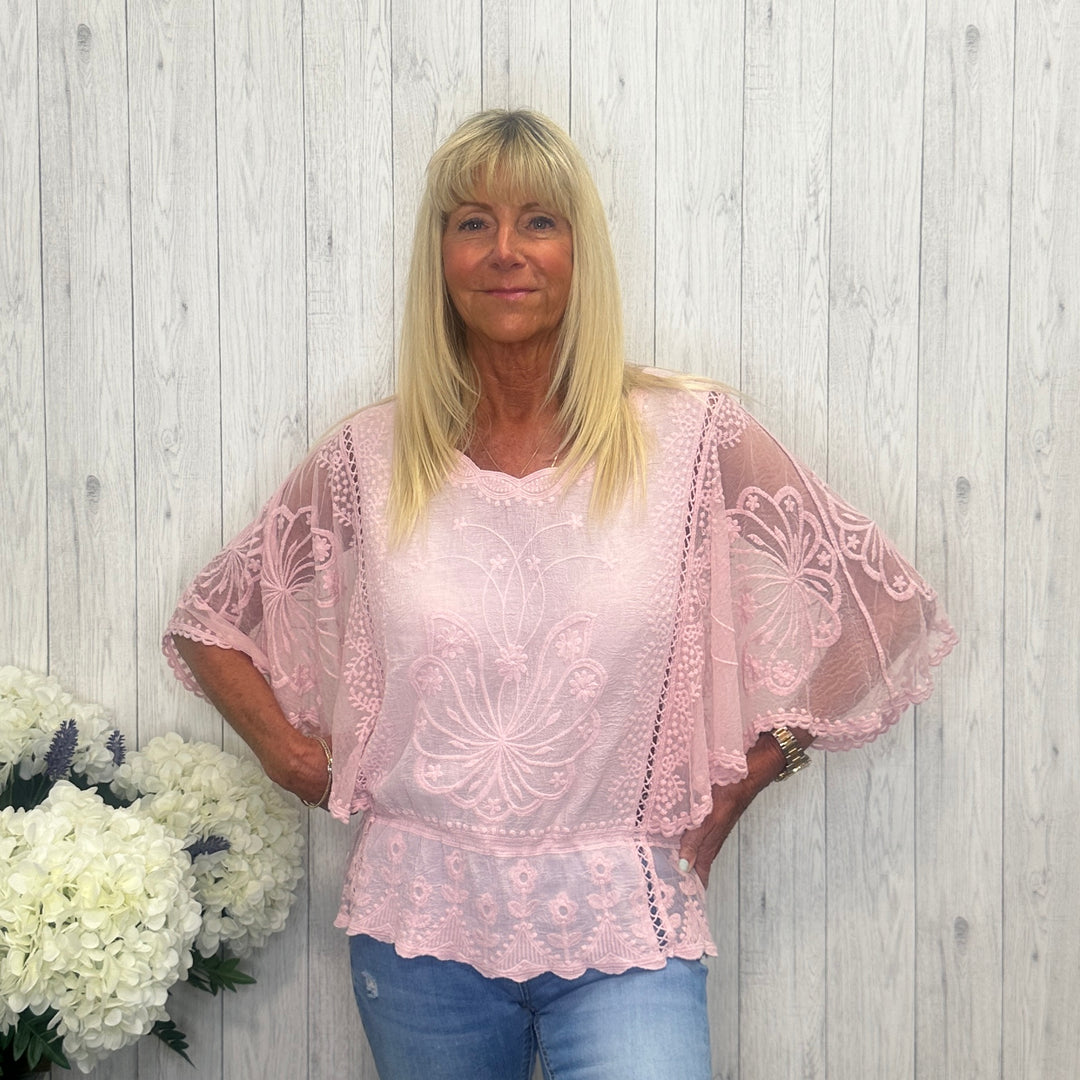 Patsy Cotton Embroidered Angel Sleeve Top Vintage Pink - Sugarplum Boutique