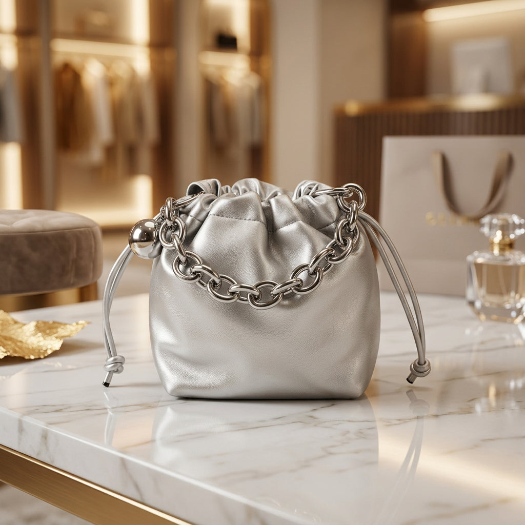Paulette Drawstring Multi Handle Faux Leather Silver Pouch Bag - Sugarplum Boutique