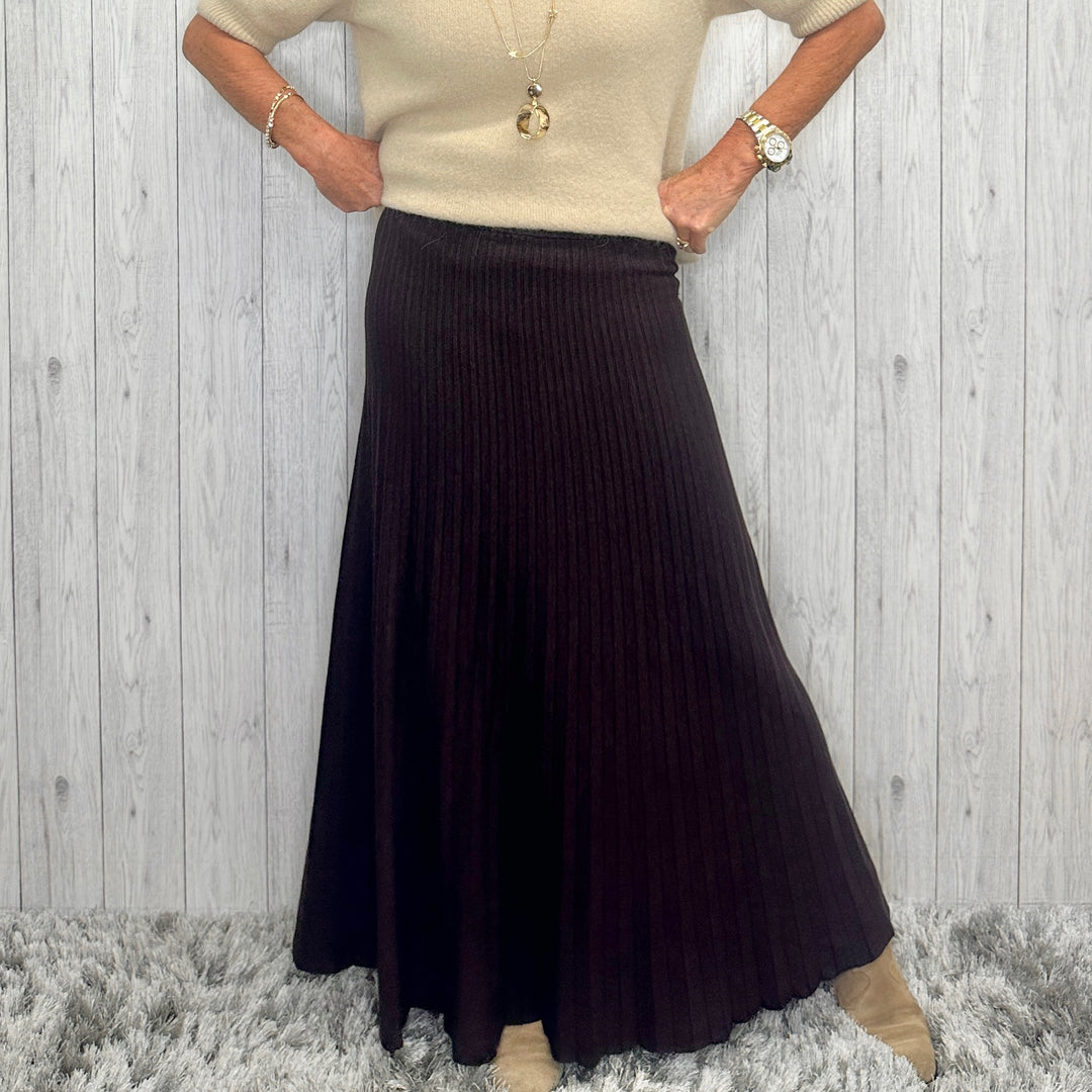 Paulie Chocolate Brown Press Pleated Skirt - Sugarplum Boutique
