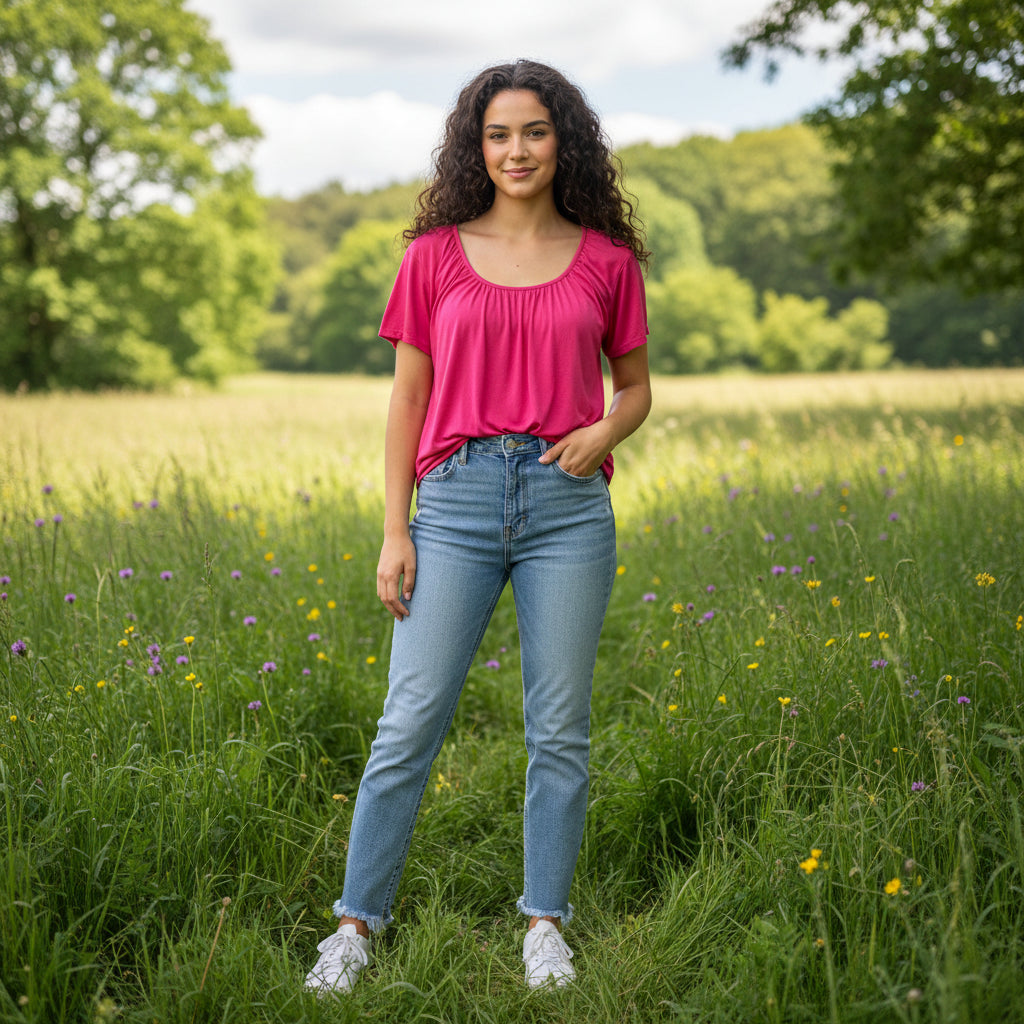 Paulie Scoop Neck Cerise Pink Short Sleeve T-Shirt - Sugarplum Boutique