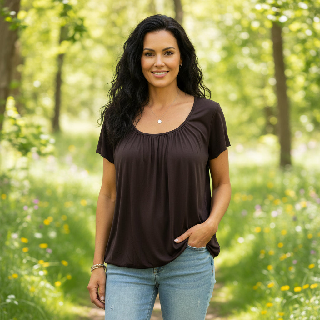 Paulie Scoop Neck Chocolate Brown Short Sleeve T-Shirt -Sugarplum Boutique