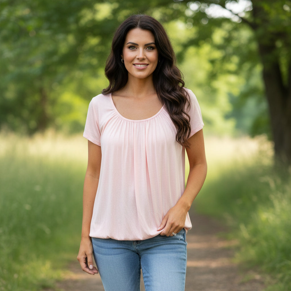 Paulie Scoop Neck Light Pink Short Sleeve T-Shirt - Sugarplum Boutique