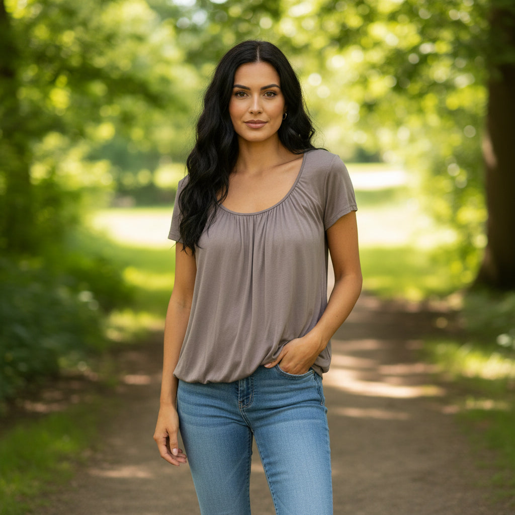 Paulie Scoop Neck Mocha Brown Short Sleeve T-Shirt - Sugarplum Boutique