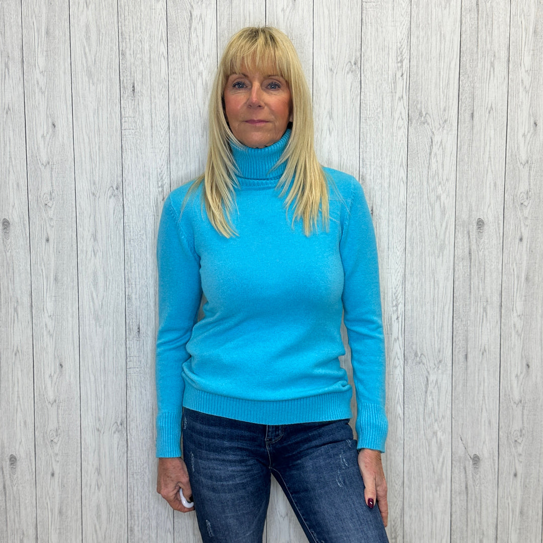 Pauline Aqua Green Slim Fit Wool Angora Mix Polo Neck Jumper - Sugarplum Boutique