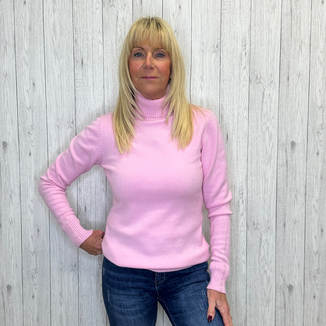 Pauline Light Pink Slim Fit Wool Angora Mix Polo Neck Jumper - Sugarplum Boutique