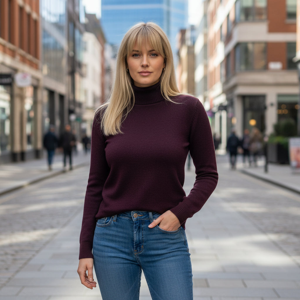 Pauline Slim Fit Angora Blend Aubergine Polo Neck Jumper - Sugarplum Boutique