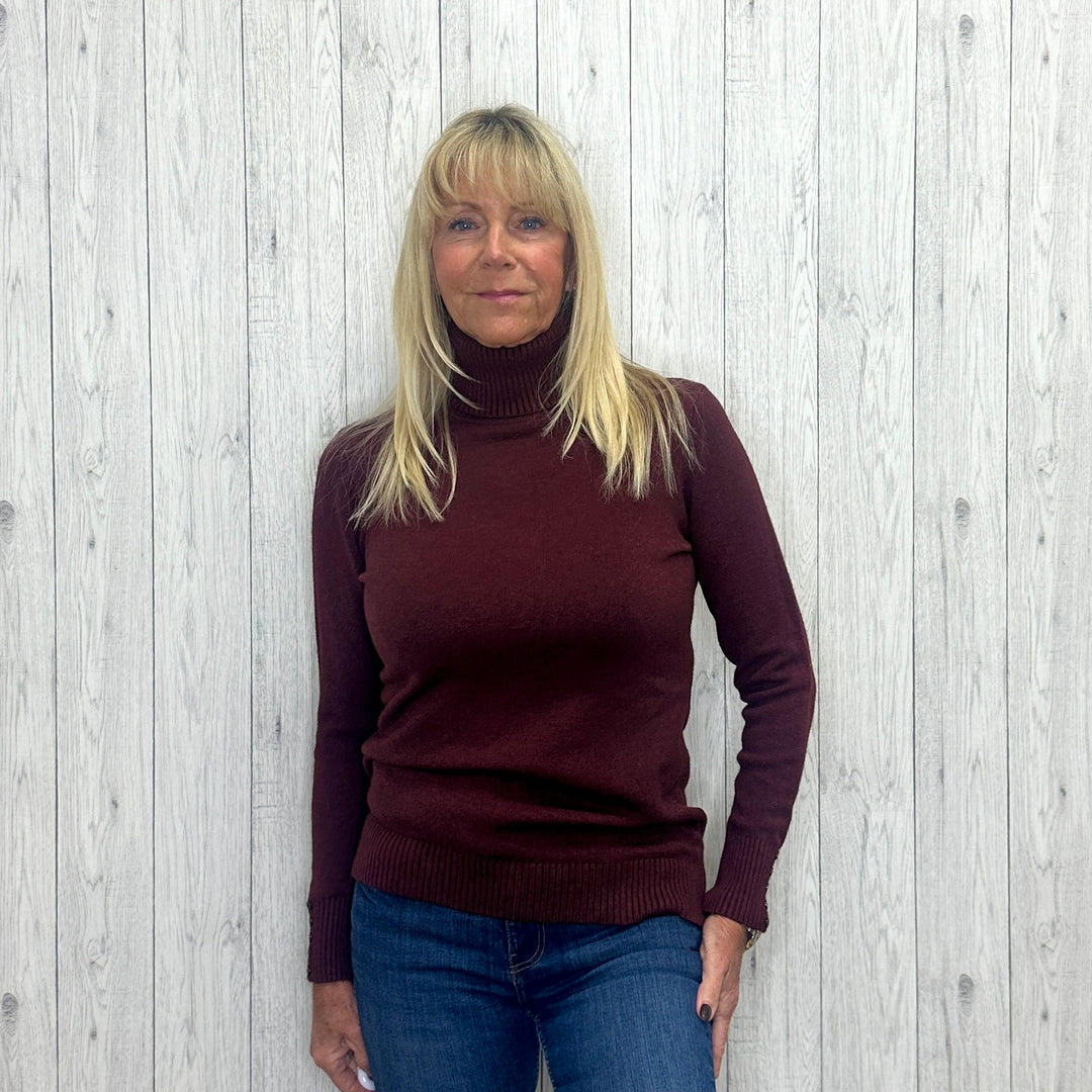 Pauline Slim Fit Polo Neck Jumper Wool Angora Mix Wine Red - Sugarplum Boutique