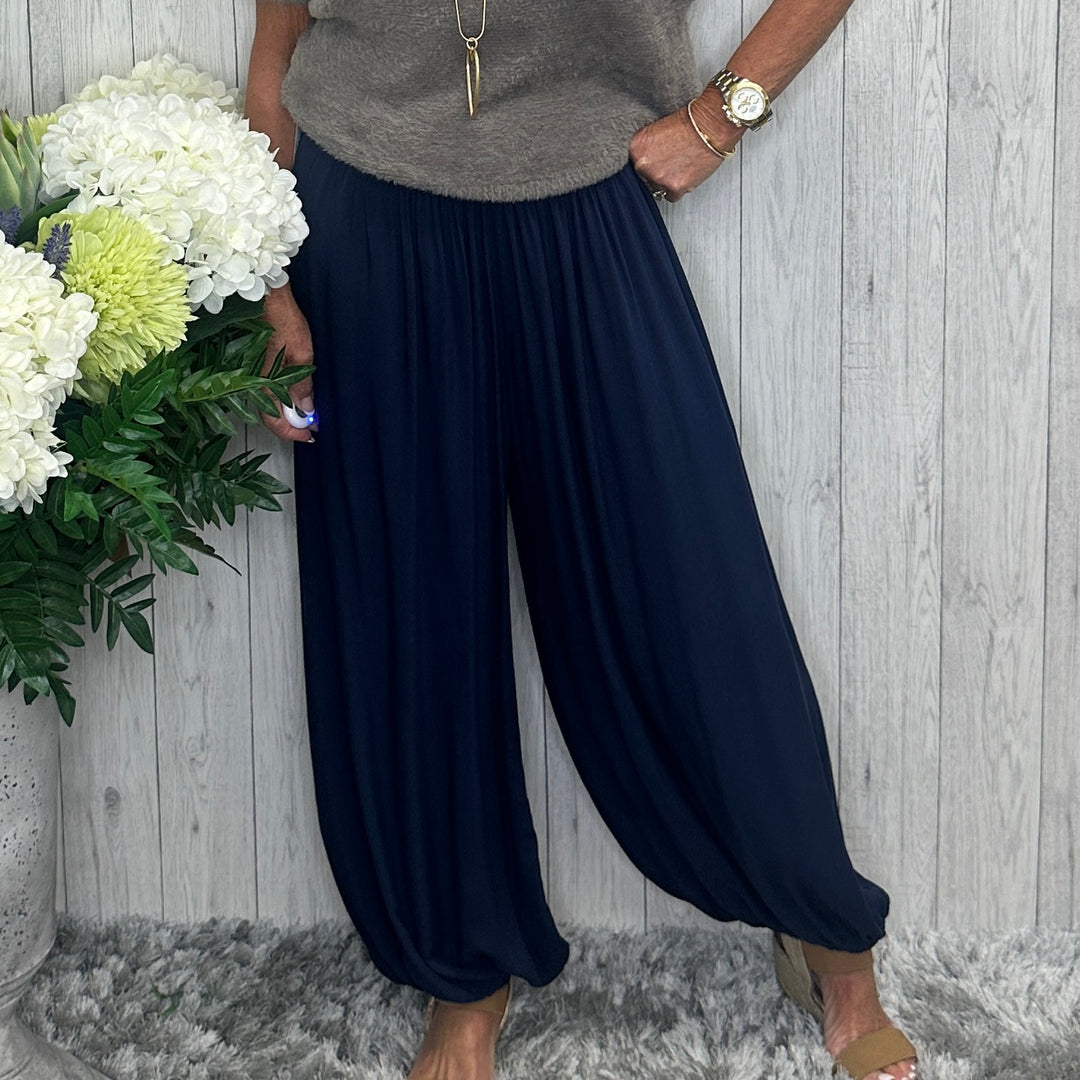 Paulo Plain Navy Blue Harem Trousers  - Sugarplum Boutique