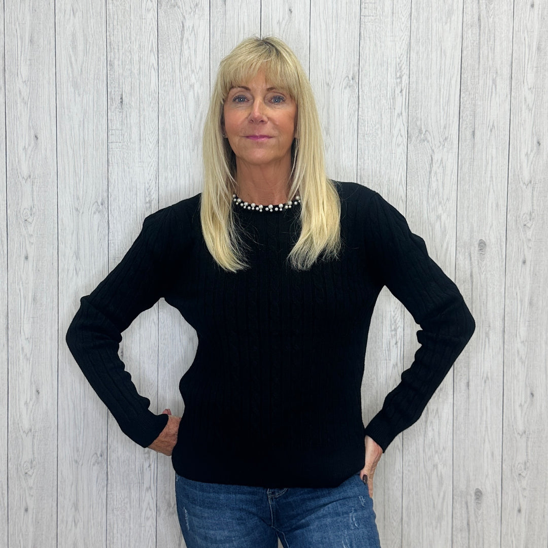 Pearl Neck Black Cable Knit Jumper - Sugarplum Boutique