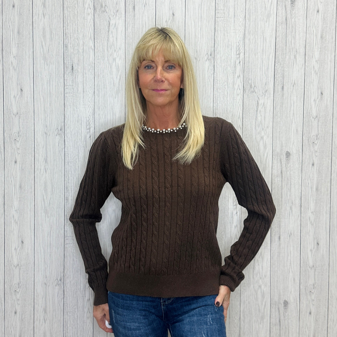 Pearl Neck Chocolate Brown Cable Knit Jumper -Sugarplum Boutique