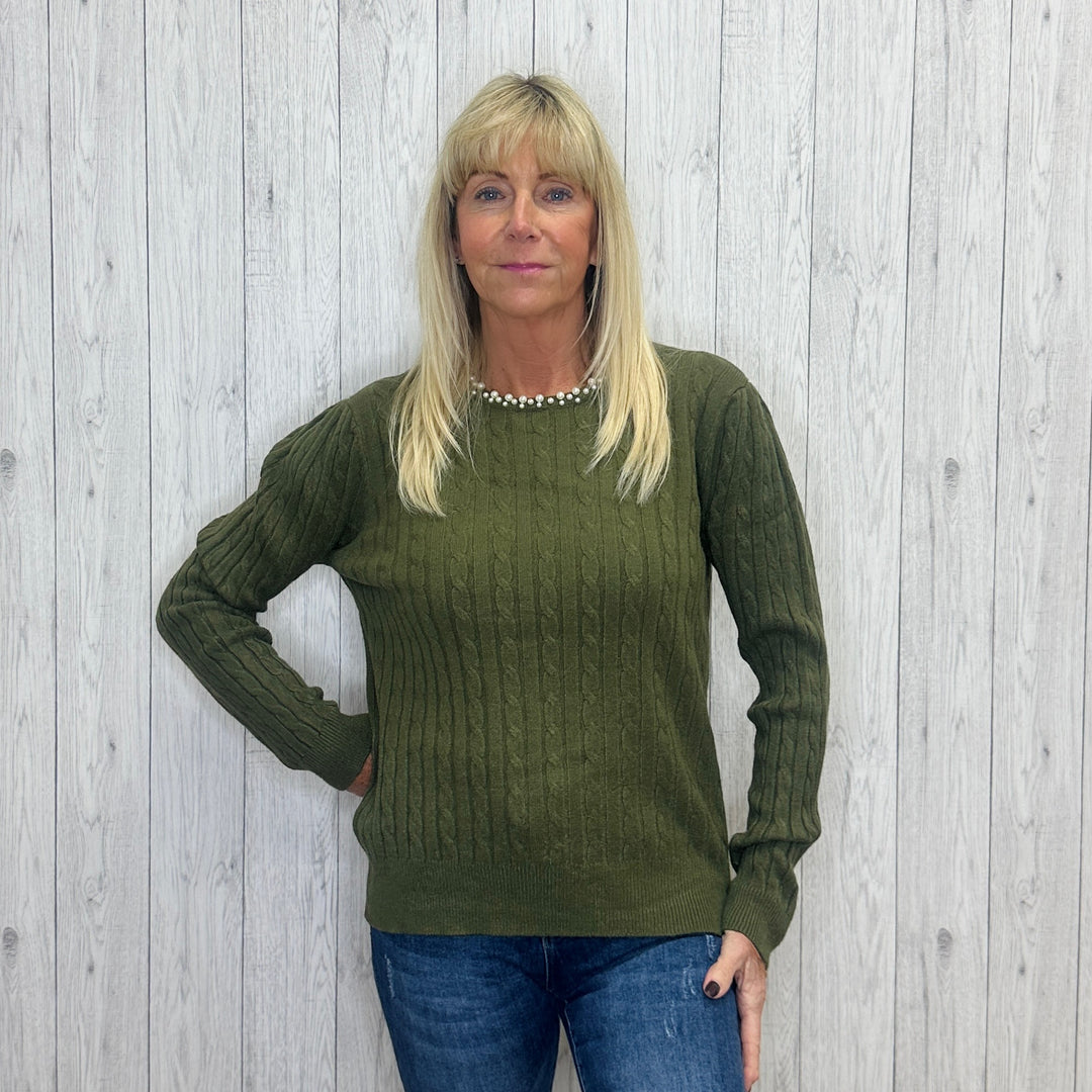 Pearl Neck Khaki Green Cable Knit Jumper - Sugarplum Boutique