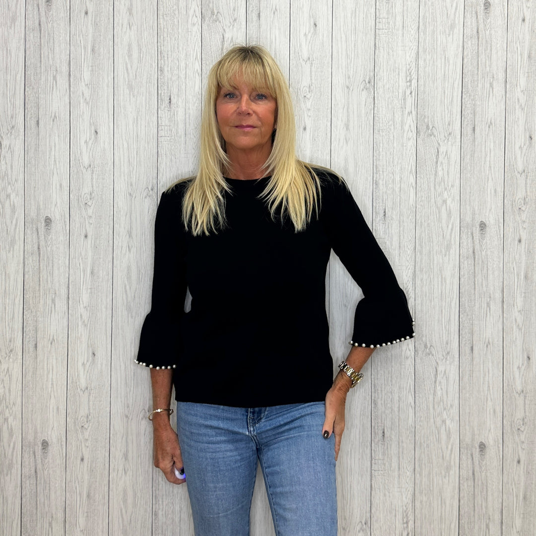 Pearl Sleeve Round Neck Jumper Black - Sugarplum Boutique