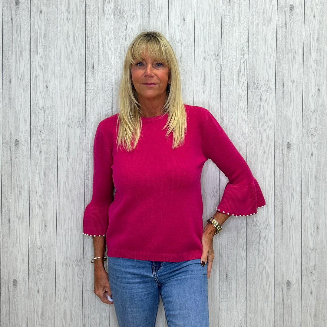Pearl Sleeve Round Neck Jumper Cerise Pink -  Sugarplum Boutique