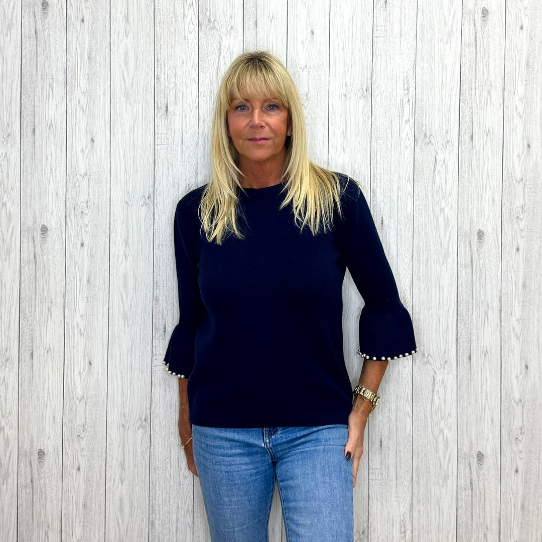 Pearl Sleeve Round Neck Jumper Navy Blue - Sugarplum Boutique