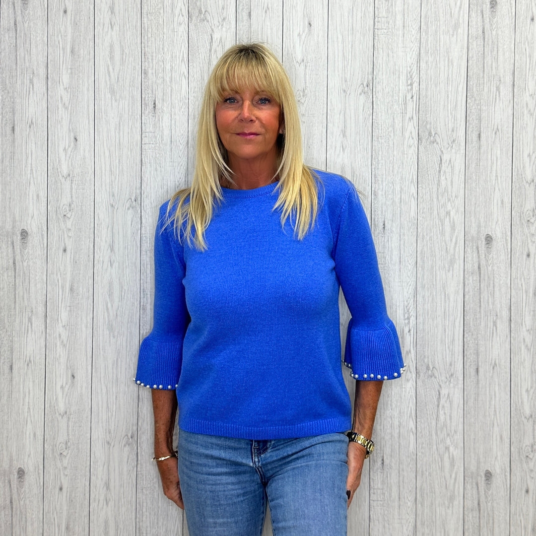 Pearl Sleeve Round Neck Jumper Sky Blue - Sugarplum Boutique