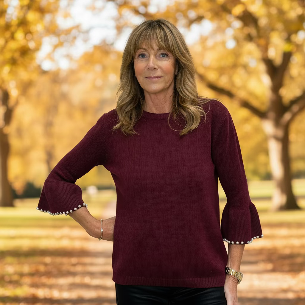 Pearl Sleeve Wine Red Round Neck Jumper - Sugarplum Boutique