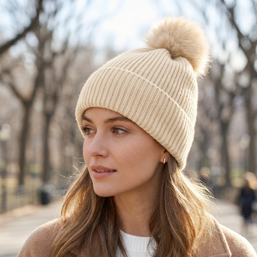 Peony Camel Faux Fur Pom Pom Hat - Sugarplum Boutique