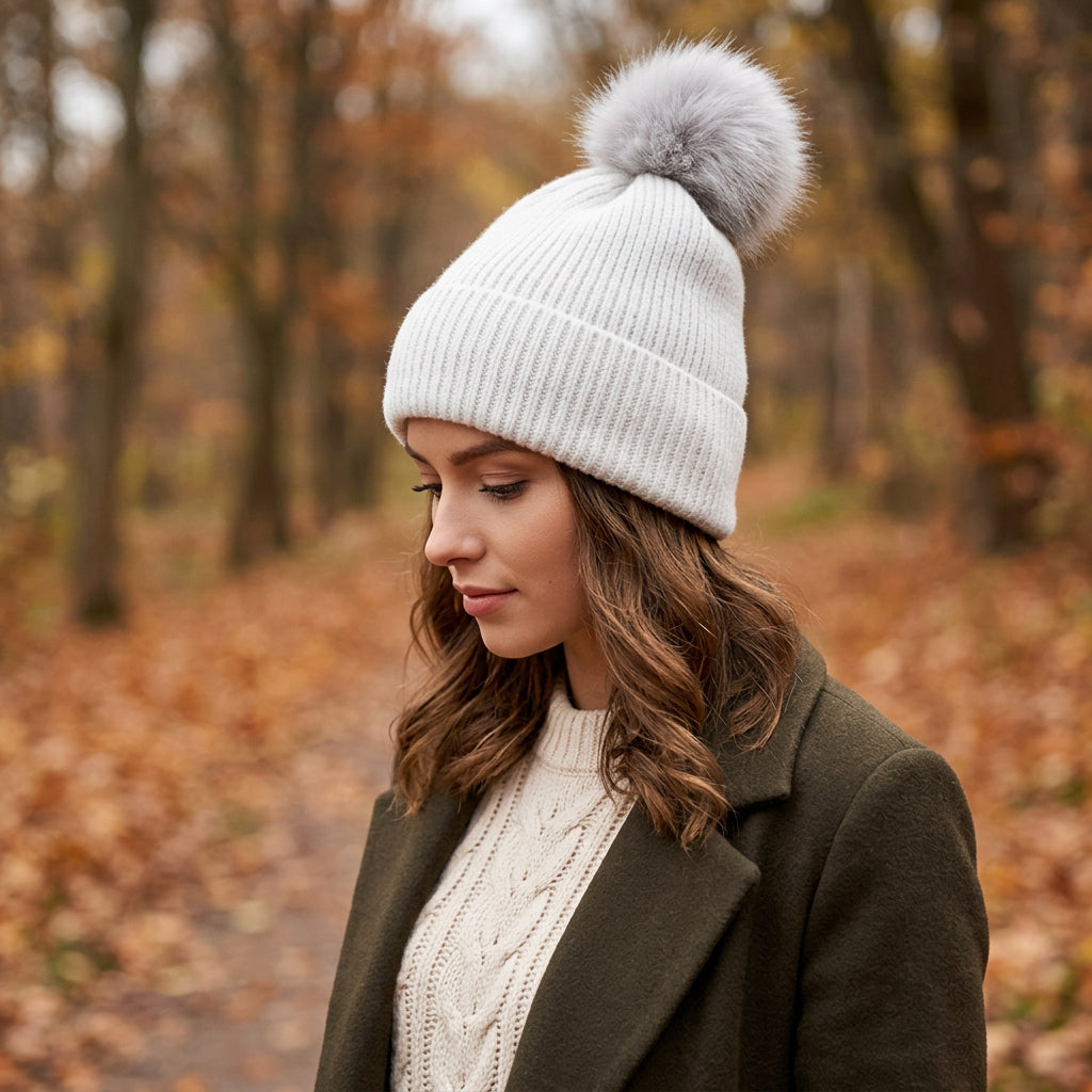Peony Silver Grey Faux Fur Pom Pom Hat - Sugarplum Boutique