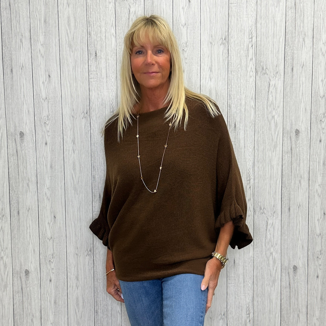 Pheobe Batwing Frill Sleeve Jumper Chocolate Brown - Sugarplum Boutique