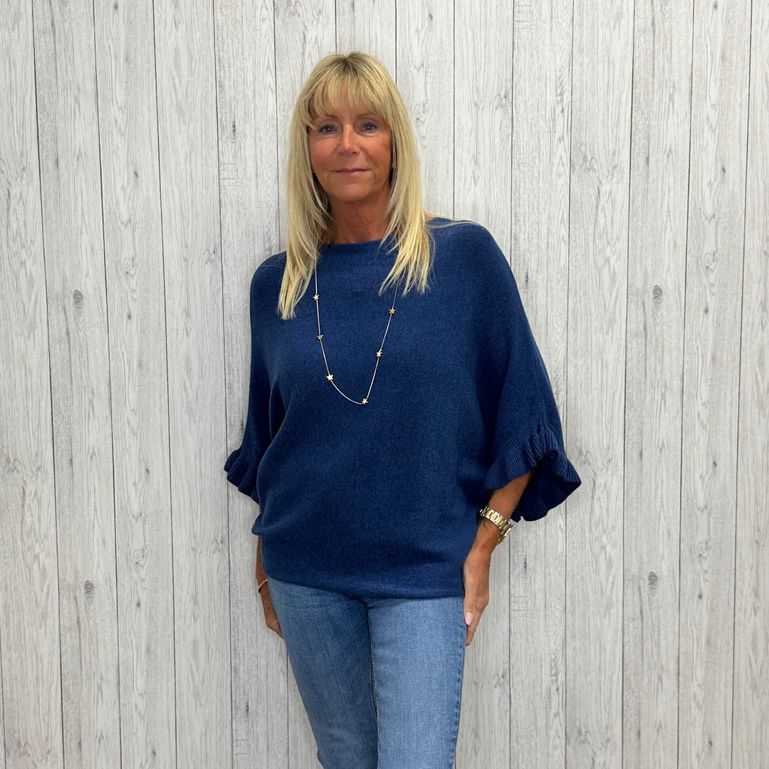 Pheobe Batwing Frill Sleeve Jumper Denim Blue - Sugarplum Boutique